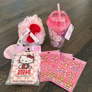 Hello Kitty Lot: Tumbler, Body Sponge, Exfoliating Sponge& VINTAGE Stickers READ